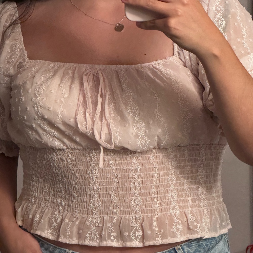 cute top cinched waist bubble sleeves pink
